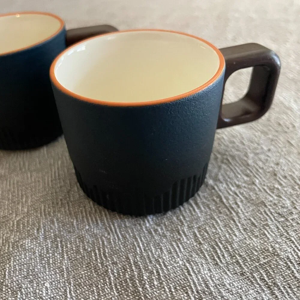 Set of 2 2 oz. Ceramic Navy Orange Rim Expresso Demitasse Cup Mugs